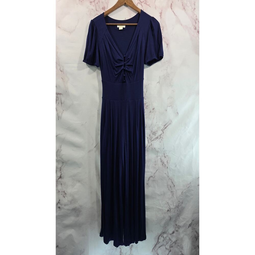 Maeve Jumpsuit Womens Medium Navy Wide Leg Button Tie Bow V Puff Joanie